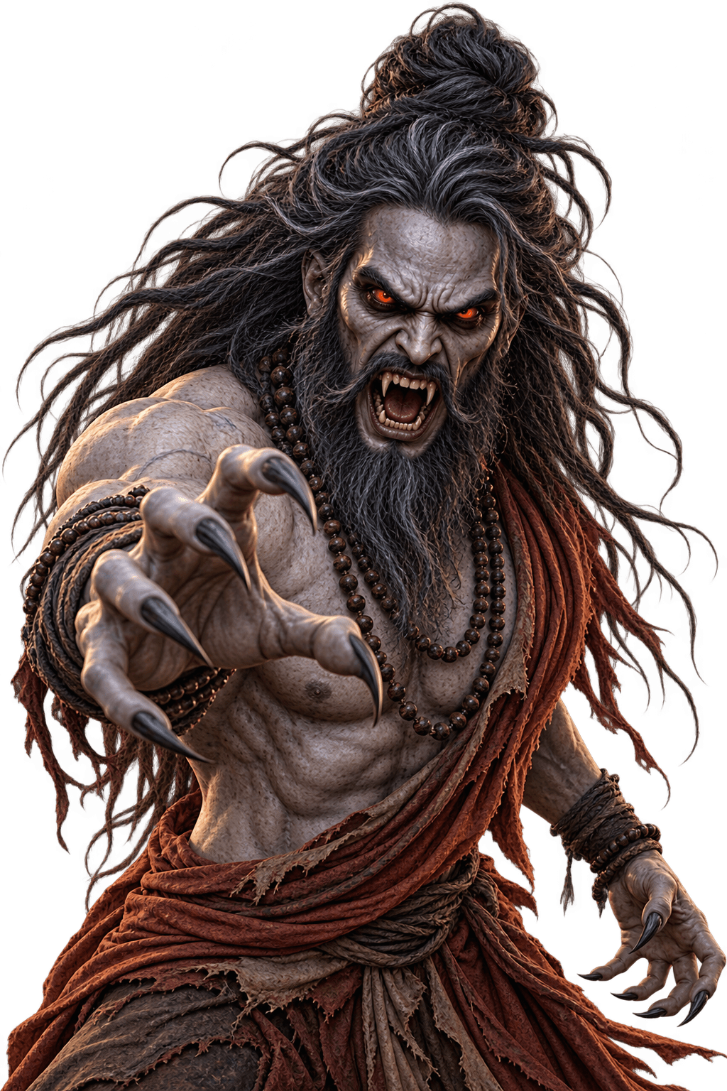 The Brahmarakshasa: a wild-haired, grey-skinned spirit in tattered red robes and prayer beads, with glowing red eyes and fangs bared, reaching toward the viewer with long black claws.