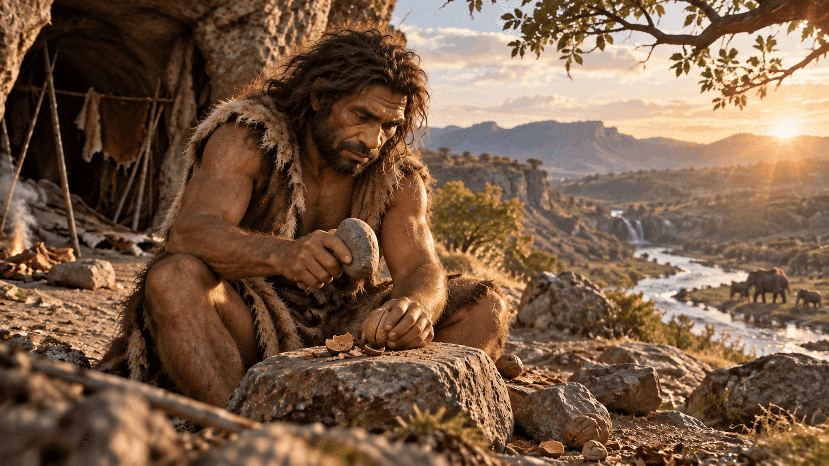 An early human cracking open a nut using a stone tool outside a cave dwelling at sunset.