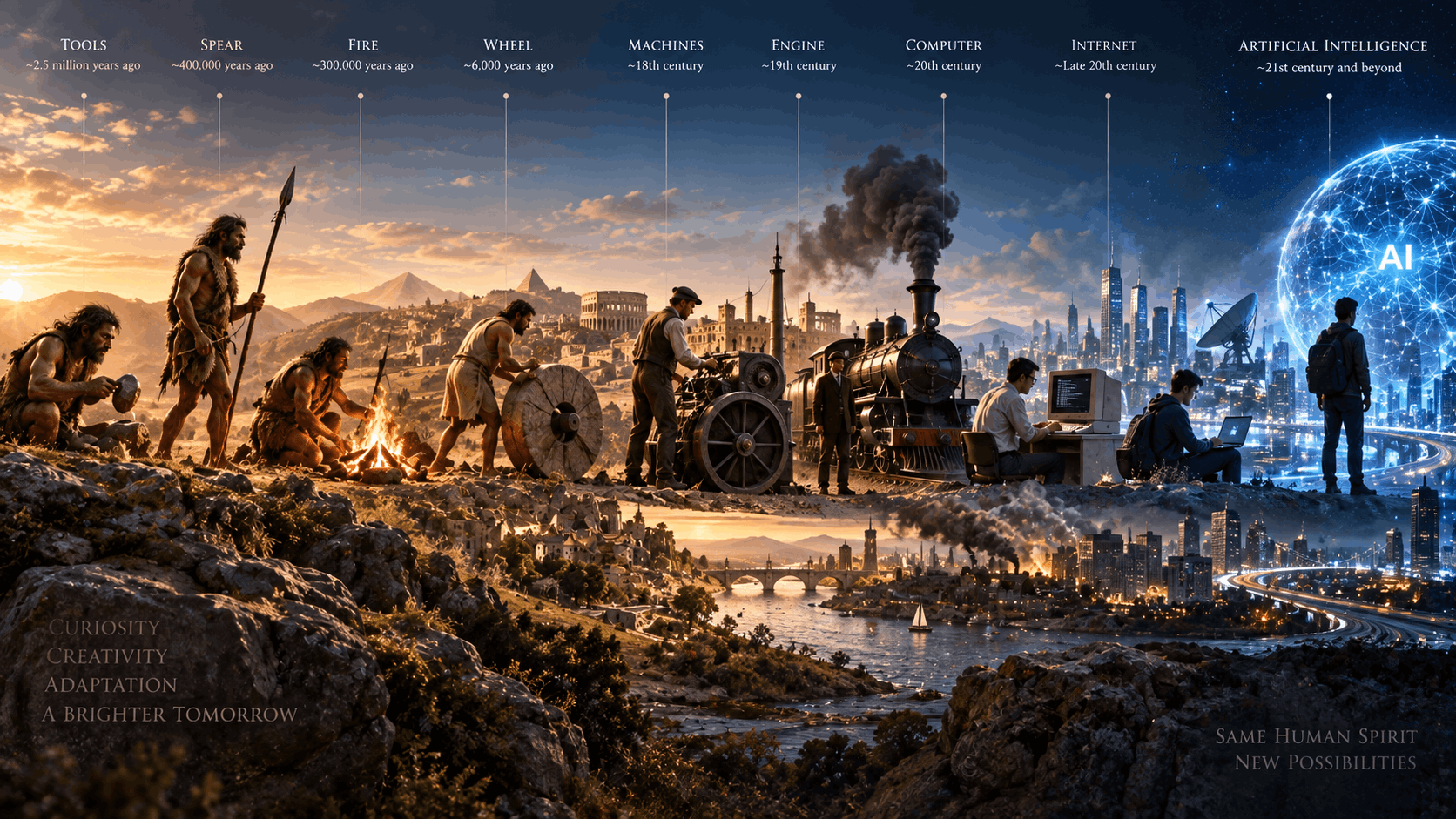 An illustrated timeline running from early stone tools and fire, through the wheel, machines, engines, computers and the internet, to artificial intelligence.