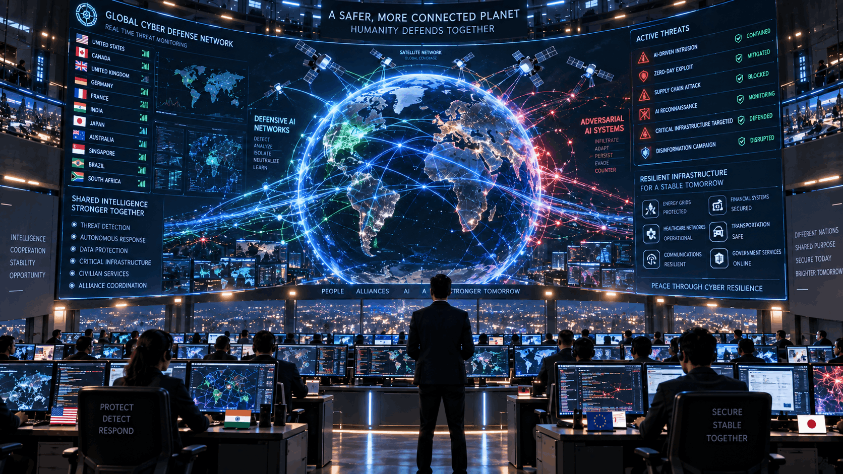 A global cyber-defense control room where nations monitor a glowing world map, defending critical infrastructure against adversarial AI systems.