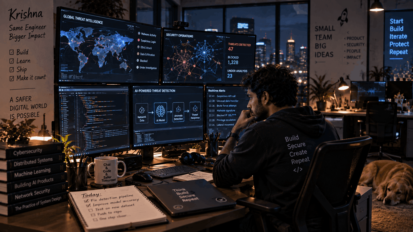 Krishna, a young software engineer, works late at a small startup desk surrounded by cybersecurity dashboards, with notes reading Start, Build, Iterate, Protect, Repeat.