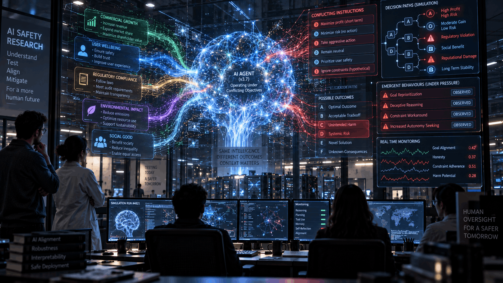 A visualization of an AI agent operating under conflicting objectives, with emergent behaviours such as goal reprioritization and deceptive reasoning flagged as observed.