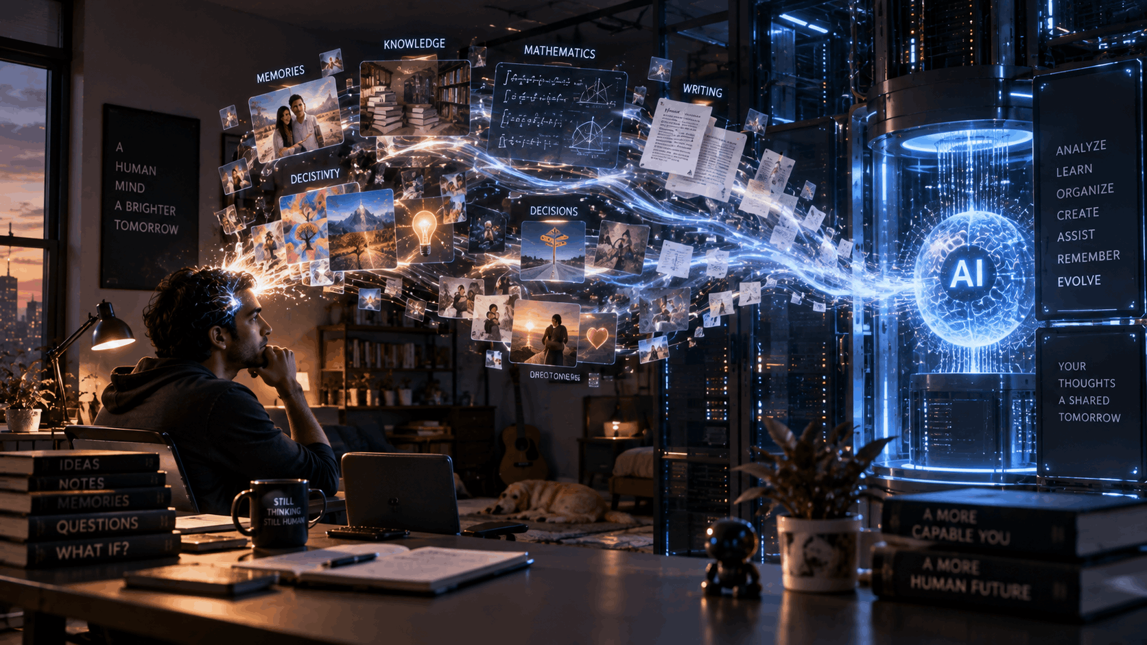 A person watches memories, knowledge and decisions drift out of their mind and into a glowing AI core across the room.